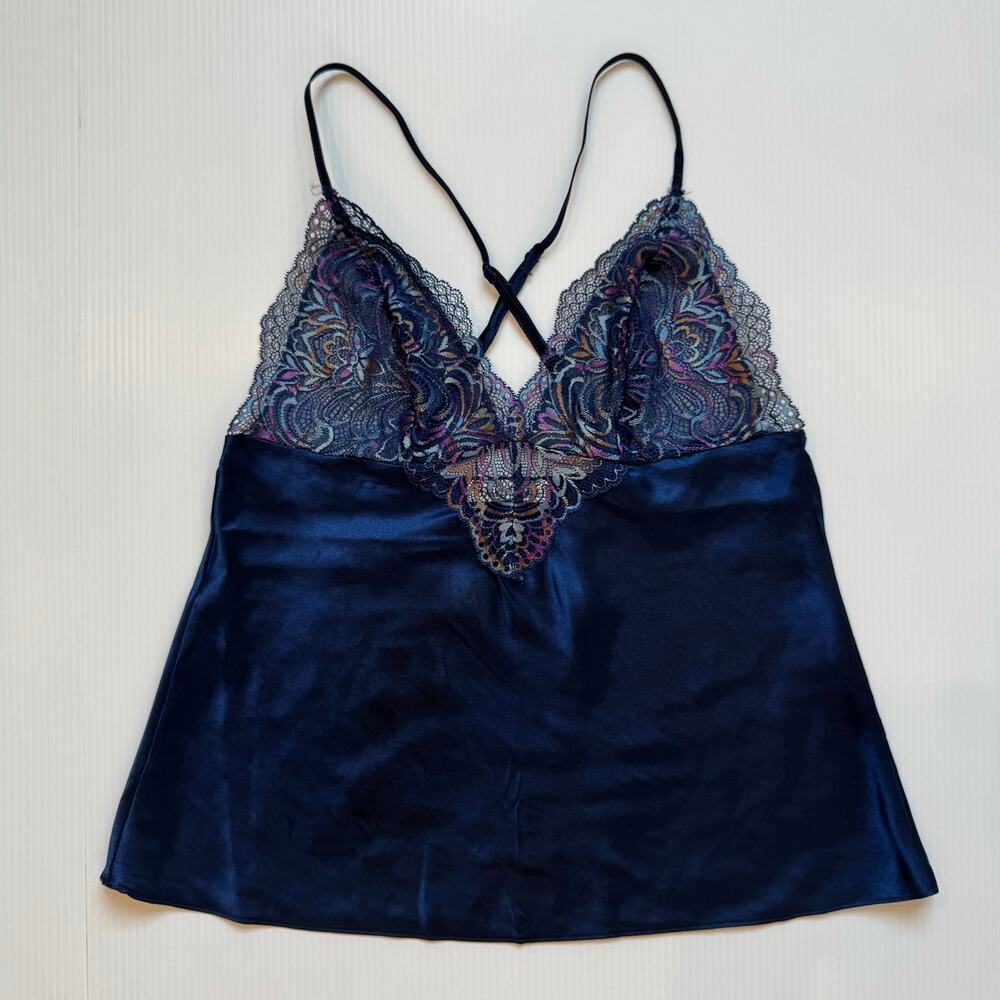 Y2K Satin Lace Babydoll Camisole Navy Lingerie Style Coquette Going Out Top Vtg - Picture 9 of 16